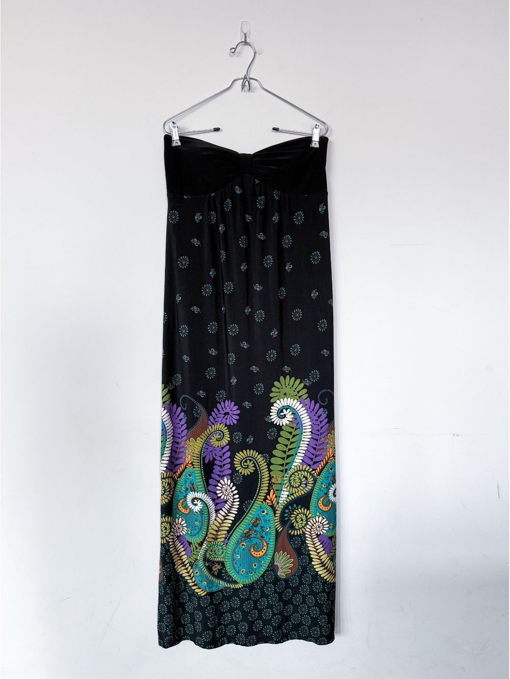 VTG Y2K Bohemian Boho Paisley MSK Black Sweetheart Maxi Dress Stretch Indie